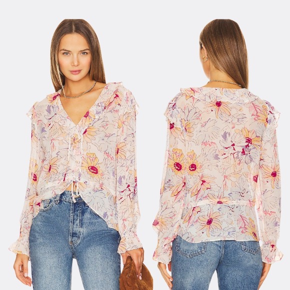 Paige Dorit Floral Ruffle Silk Blouse Cream Multi Size S Long Sleeve V-Neck - Picture 1 of 4